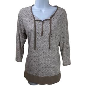 Chico’s Taupe Print Tunic 3/4 Sleeve Tie Neck Top Sz 0 Small